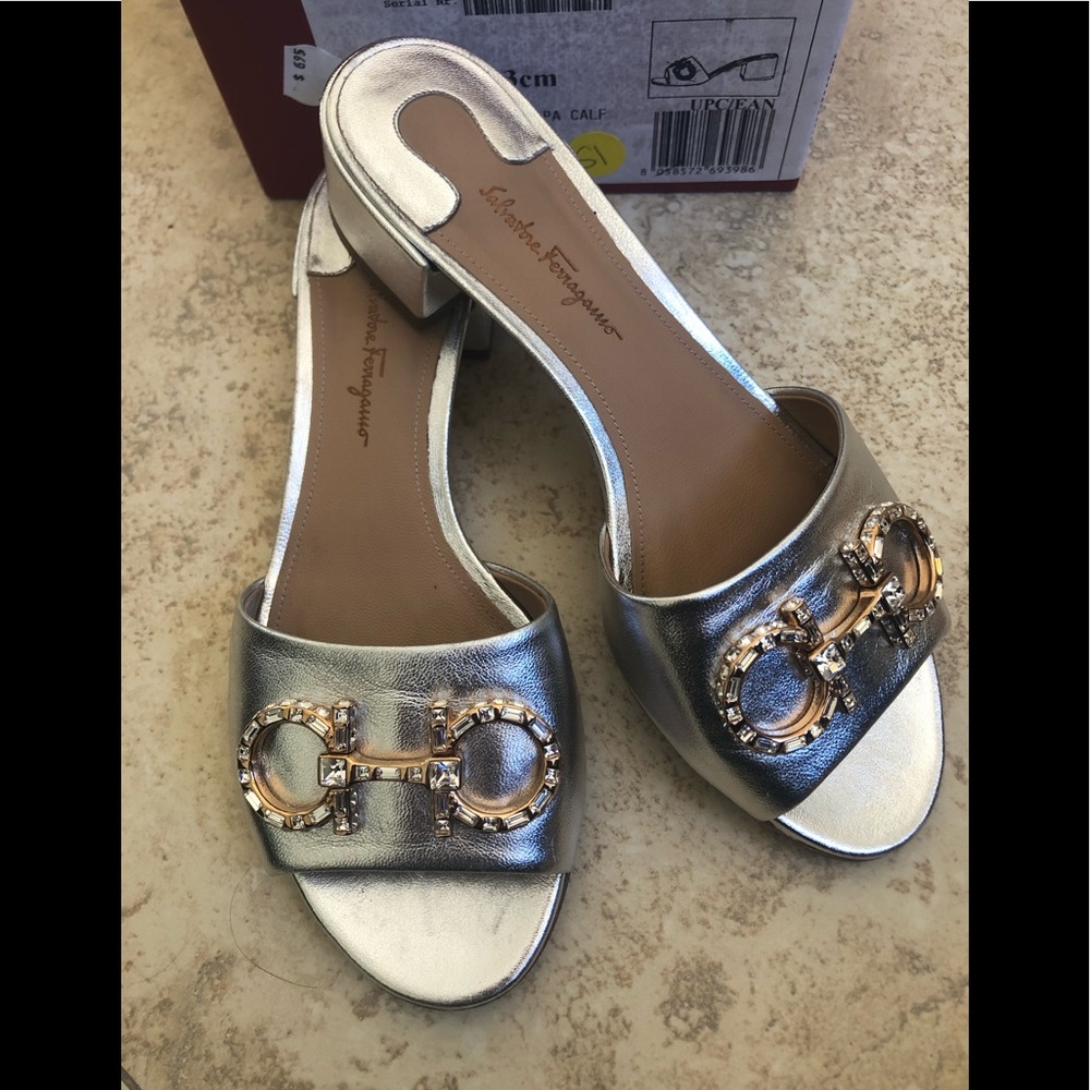 Salvatore Ferragamo Lampio Silver Napa Mules